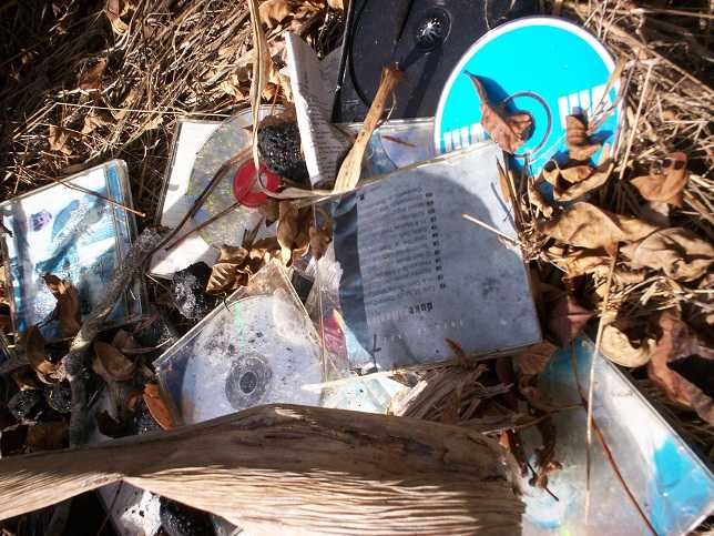 CDs on a burnpile.